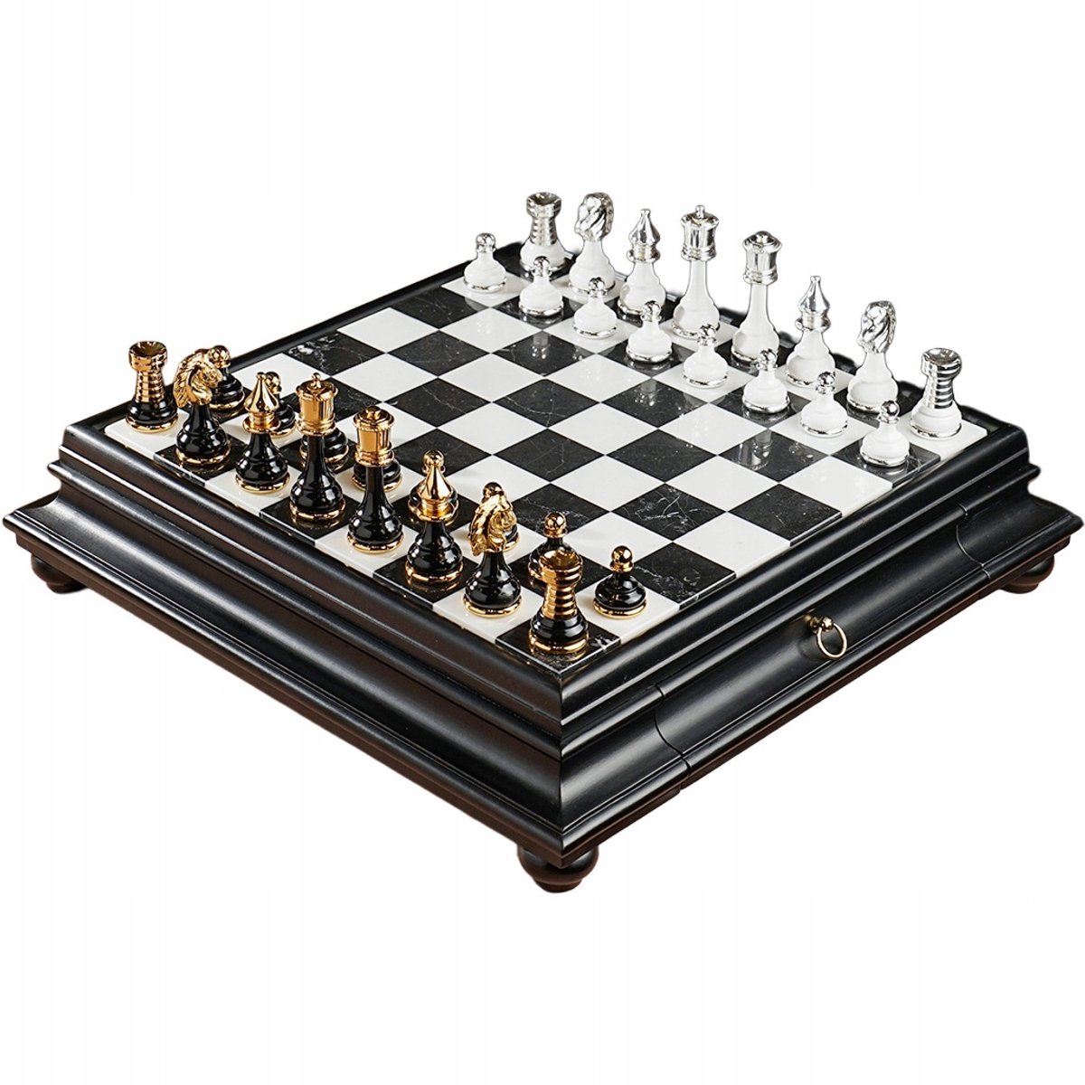 Luxe Schakenset 47x47cm - Hout, Marmer & Goud/Zilver Figuren
