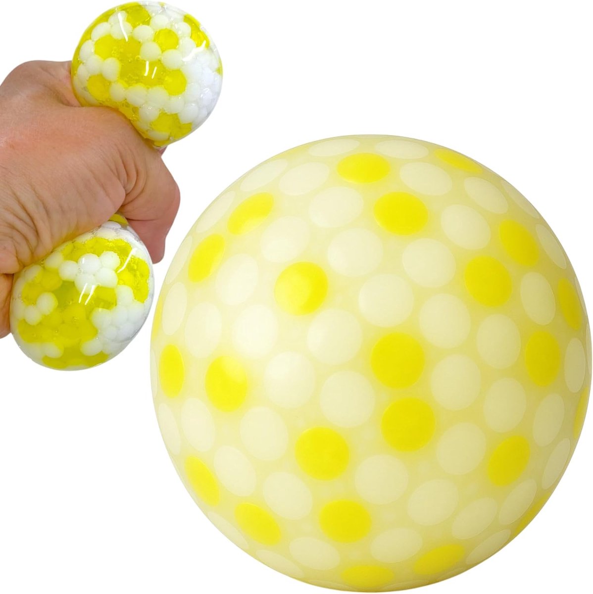 Antistress-knijpbal met parelvulling, stressvermindering en spiertraining, leuk kneden, ideaal voor kantoor en reizen, 7 cm (wit/geel)