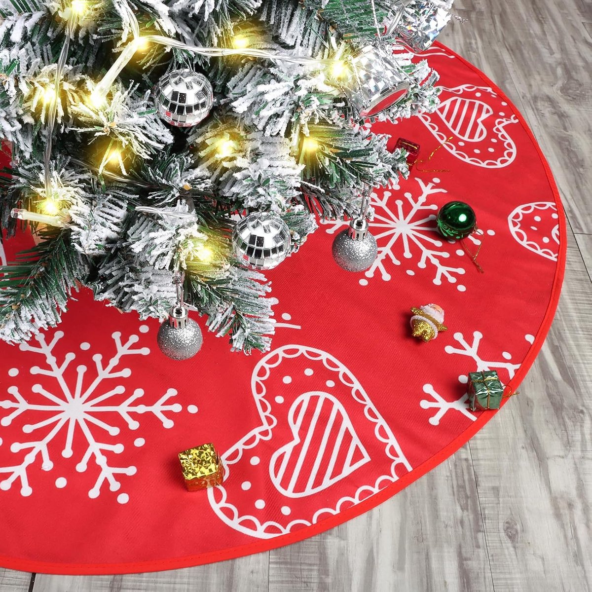 90 cm, ronde kerstboomrok, kerstboomdeken, kerstboom rok met sneeuwvlokkenpatroon, kerstboomdeken voor Kerstmis, vakantie, feest, rood 1