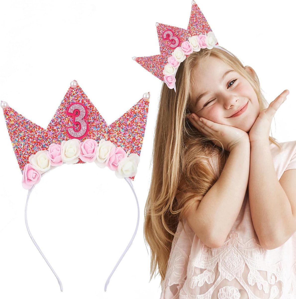 Verjaardag, meisjes, kroon, glitter, tiara met rozenbloemen, meisjesverjaardag, hoofdband, feesthoed, roze, kleine verjaardag, kroon, voor baby's en kinderen, verjaardagsfeest
