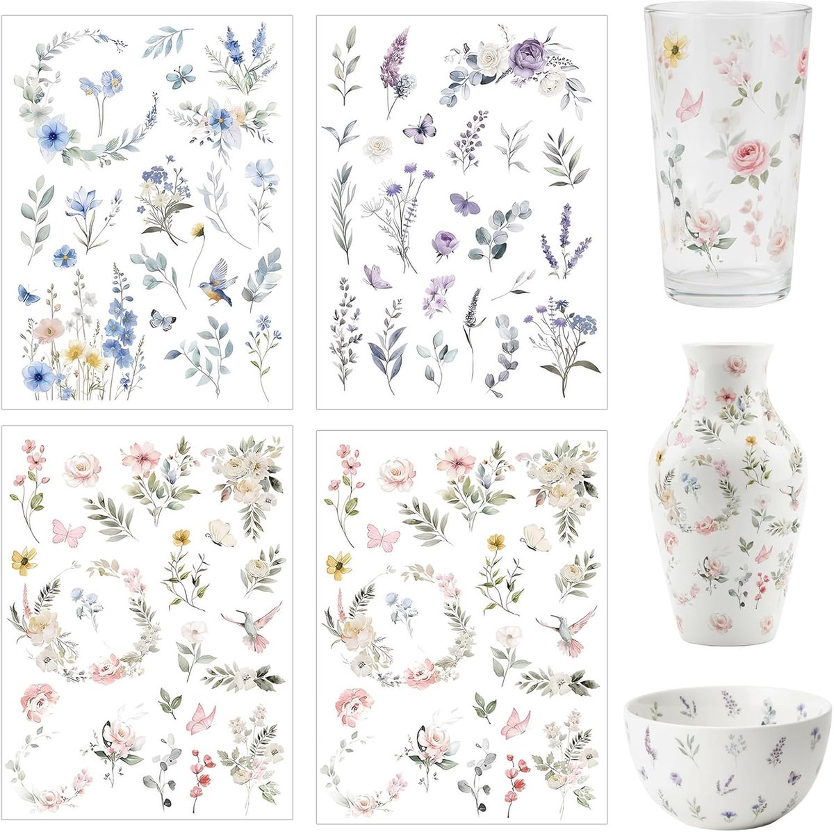 4 Blatt Rub On Sticker Blumen, 19x14cm Transferaufkleber Selbstklebend | Zelfklevende transferstickers - Bloemendecoraties, bloesems en bladeren voor glas,keramiek en doe-het-zelfprojecten
