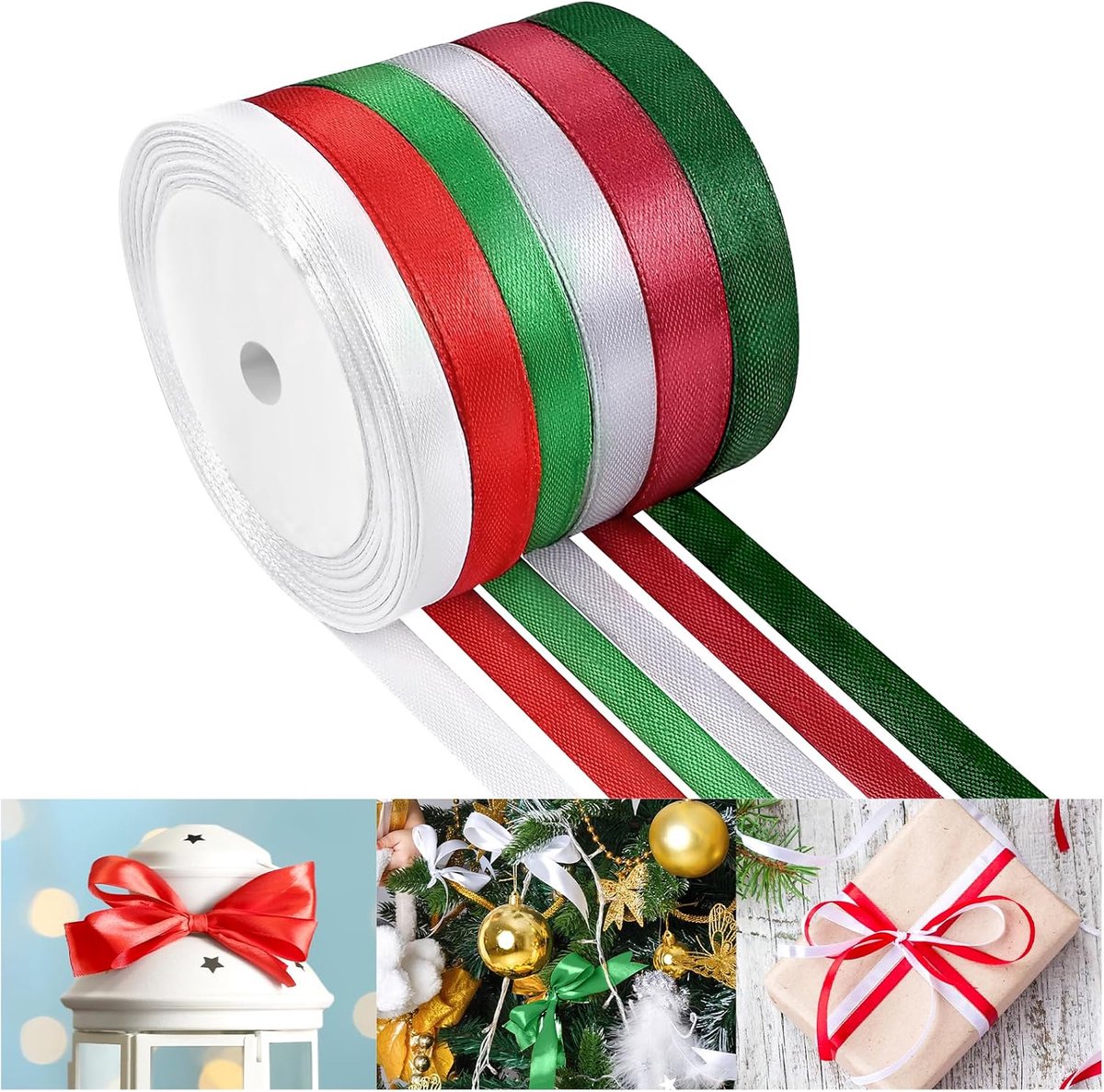 150 m regenboog satijnen lint breed polyester stoffen lint te gebruiken voor geschenkverpakking, bruiloft bruids baby douche strikken decor bloem boeket ambachten (rood groen wit, 3/8 inch)