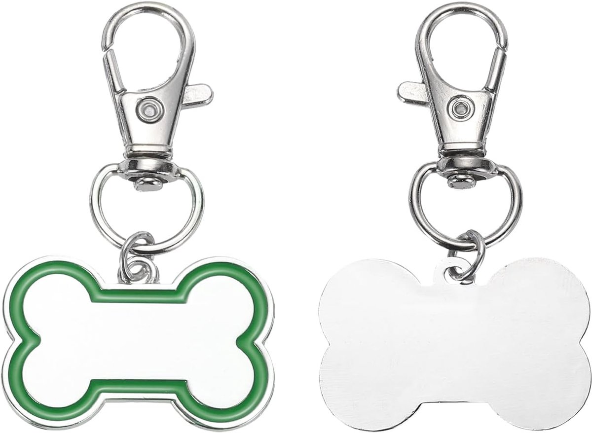 Set van 2 identificatielabels voor dieren in botvorm, 30 x 20 mm, gepersonaliseerde blanco etiketten van metaal, aan beide zijden gegraveerd, decoratieve hanger (groen)