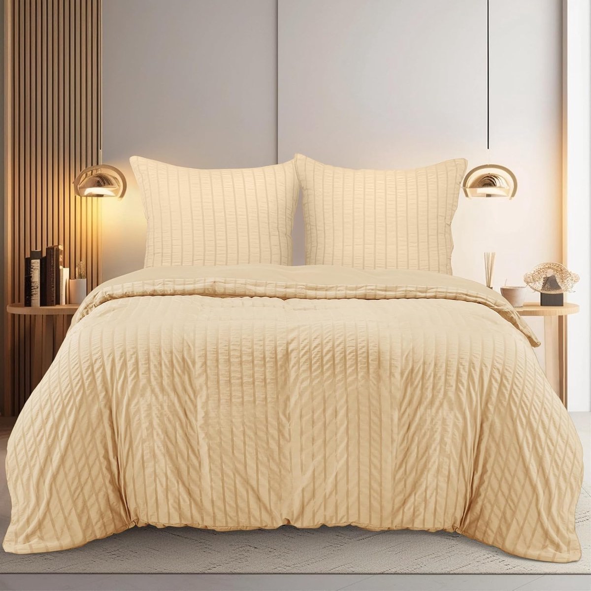 Bedding Seersucker Dekbedovertrekset - Microvezel Polyester Dekbedovertrek 200x200 cm + 2 Kussenslopen 80x80 cm - Beige