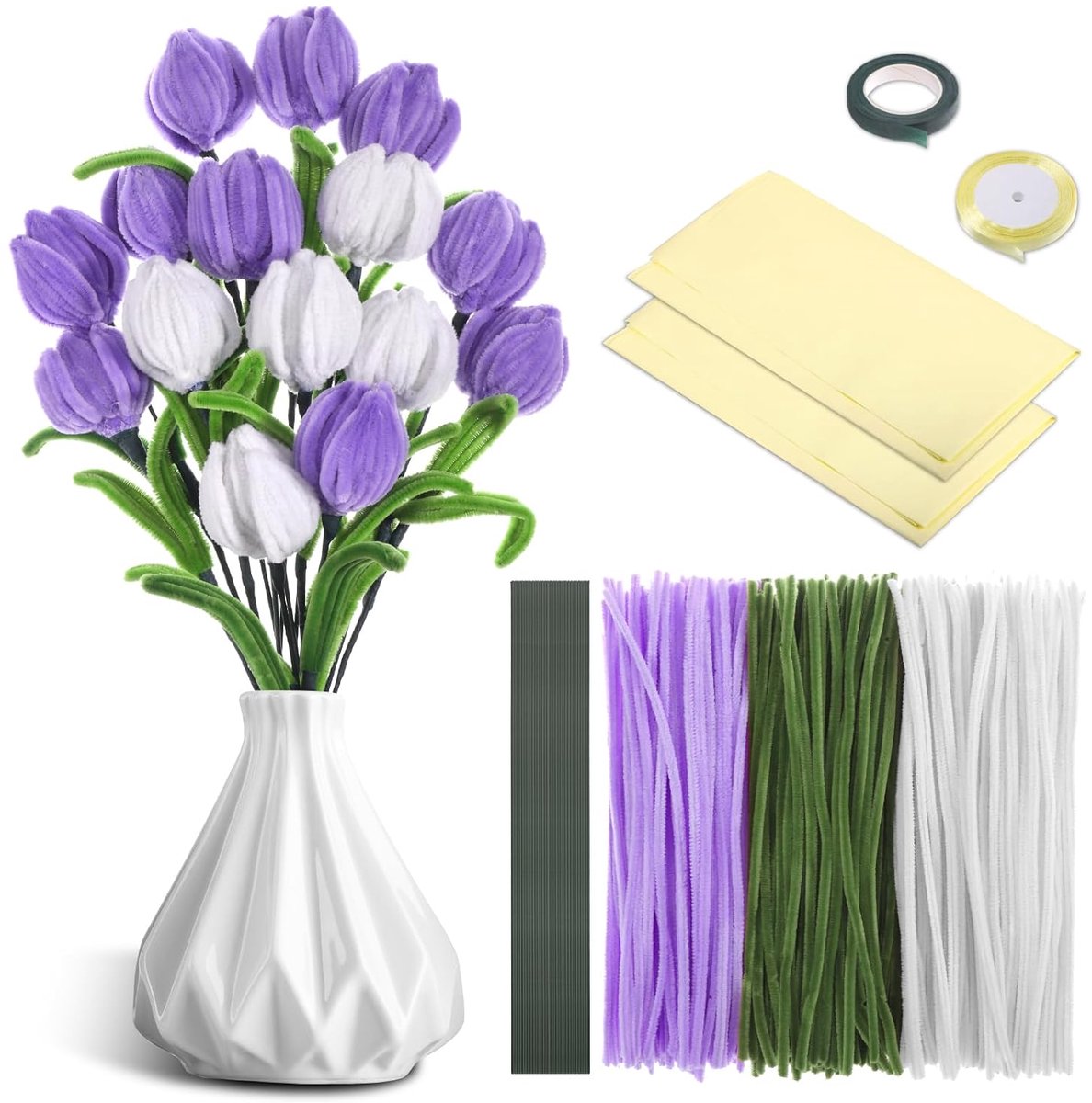 320 stuks pijpenreiniger, doe-het-zelf pijpenreiniger, bloemen, paarse tulpen, pijpenreinigingsset, knutselset met bloemcrêpe, 30 cm, flexibele verdikte draad