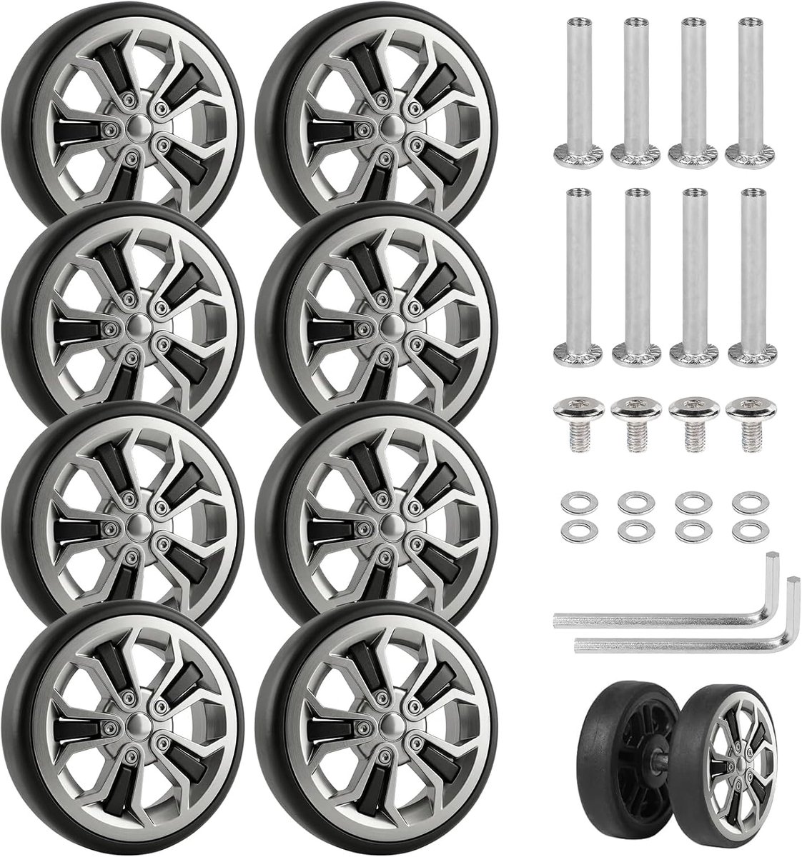 Set van 8 kofferwielen, reservewielen, 50 mm × 10 mm, kofferwielen, geschikt voor koffers, reiskoffers en trolleys, inclusief accessoireset