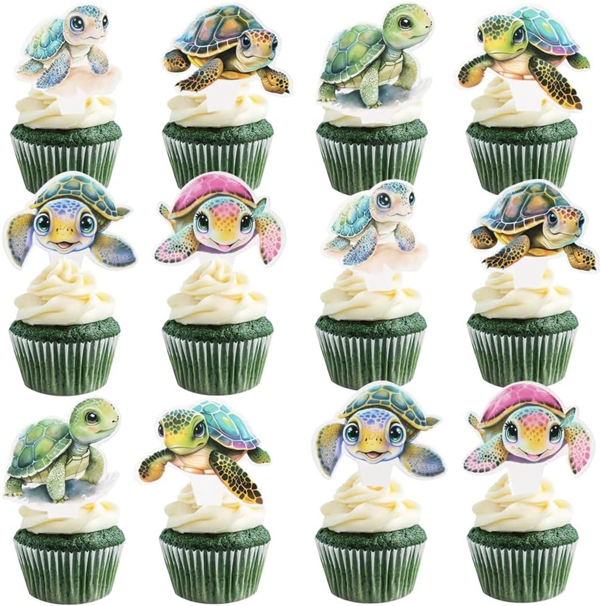 Taartdecoratie, verjaardag, taarttopper, schildpad, taart, decoratie, zee, dieren, taartdecoratie, muffin, verjaardagsdecoratie, taartdecoratie, 72 stuks