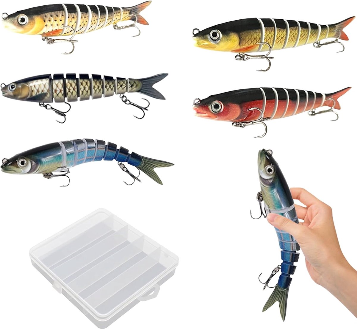 5 stuks visaas in doos, kunstaas wobbler snoek, swimbait voor roofvis, meergewrichtige forel wobbler, hengelaasset, visaasset voor snoek, baars, snoekbaars