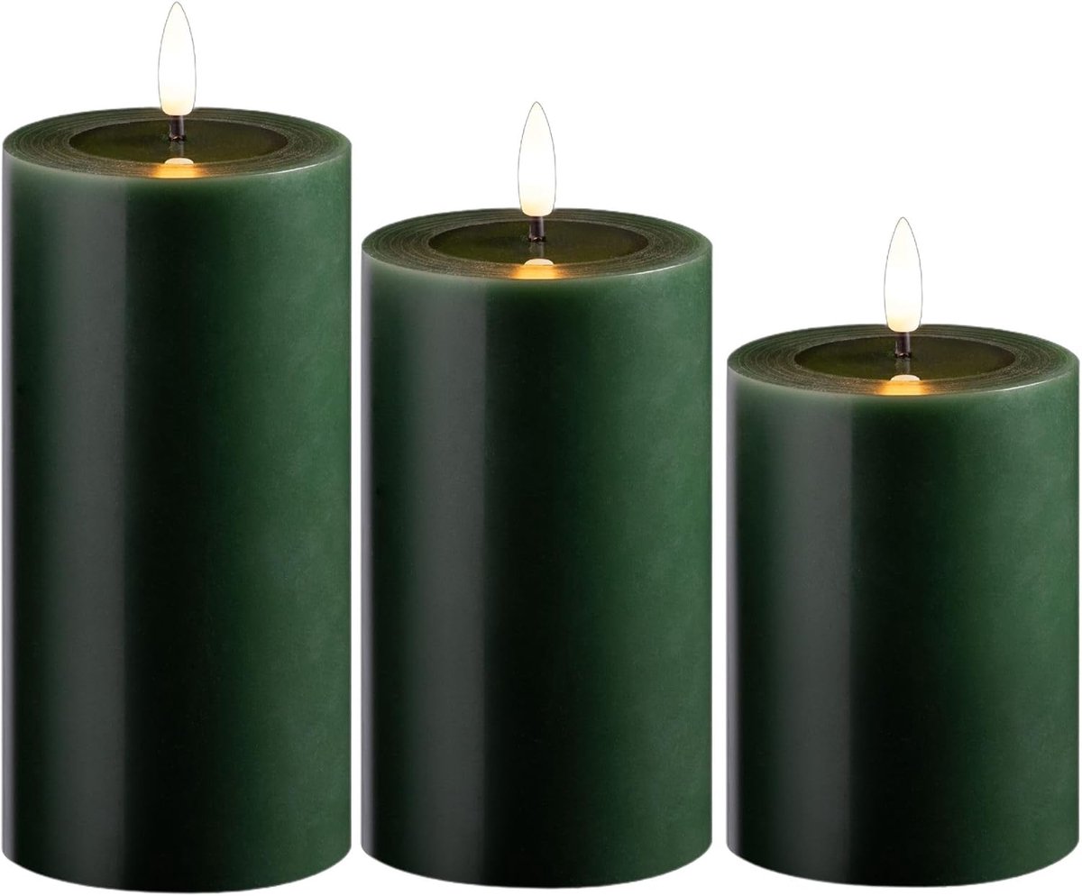 Set van 3 led-kaarsen, flikkerende vlam met echte waxspiegel, groen, diameter 7,5 cm, 1 x 15 cm, 1 x 12,5 cm, 1 x 10 cm hoogte, led-kaarsen met timerfunctie, 2 AA-batterijen nodig, led-stompkaarsen,
