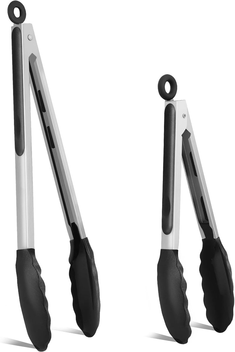 2 stuks keukentang van roestvrij staal (siliconen uiteinden), antislip handvat van roestvrij staal en voedselsiliconen, voor salade, grillen, buffet, hittebestendig, voedseltang