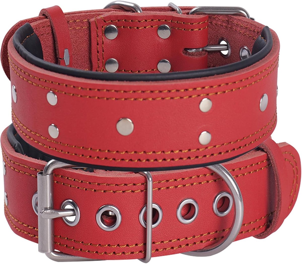 Hondenhalsband, Extra Dik en Breed Gevoerd, Sterk echt Zacht Leder, Zware Uitvoering voor Middelgrote en Extra Grote Hondenrassen (Rood, XL)