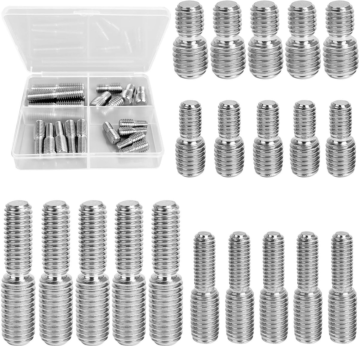 20 stuks dubbelzijdige schroefdraadbouten, M6 x 10, M6 x 15, M8 x 10, M8 x 20 dubbelzijdige schroefdraadbouten, roestvrijstalen schroefdraadadapter, schroefdraadbouten, reduceeradapter, voor