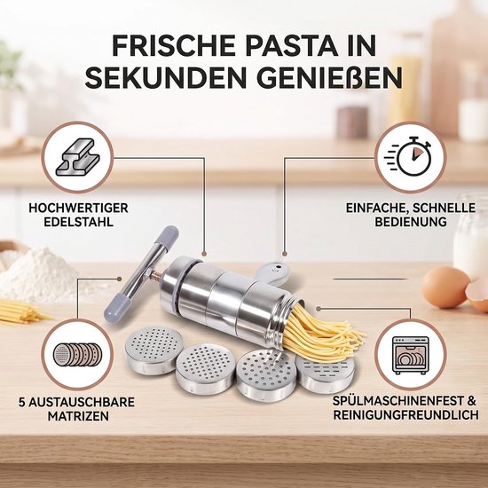Handmatige Pastamaker van Roestvrij Staal met 5 Vormkoppen - Pasta Pers Machine van Merkloos — afbeelding 5