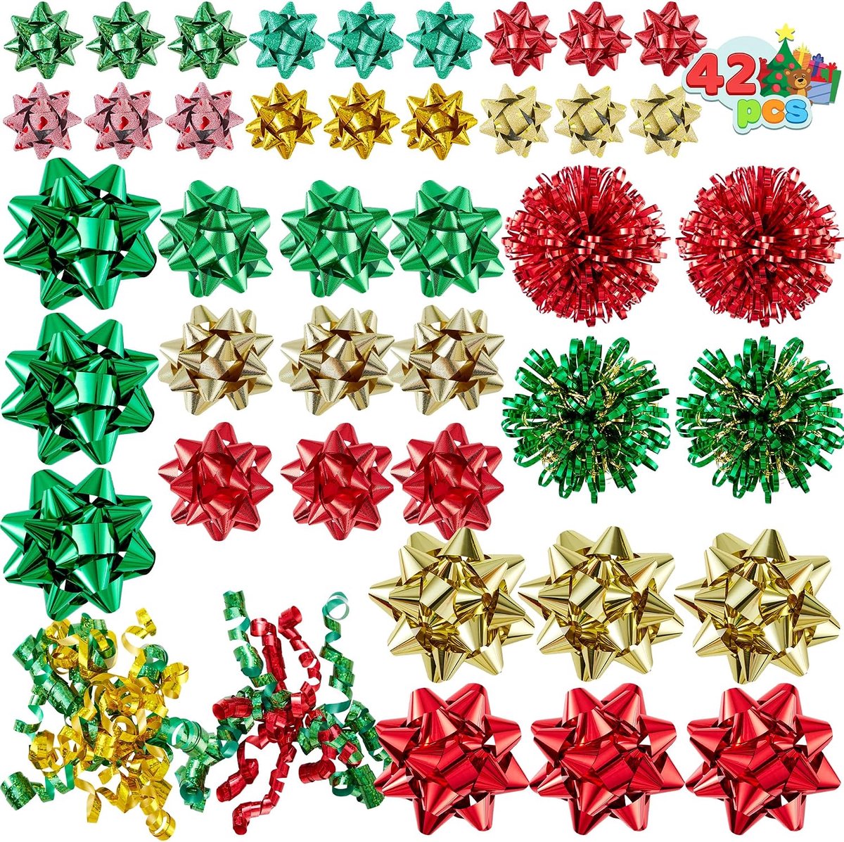 Strikken assortiment voor Kerstmis met 36 veelkleurige zelfklevende geschenkstrikken, 4 klatergoudstrikken en 2 krullende strikken voor geschenkverpakking, kerstinpaklint (3