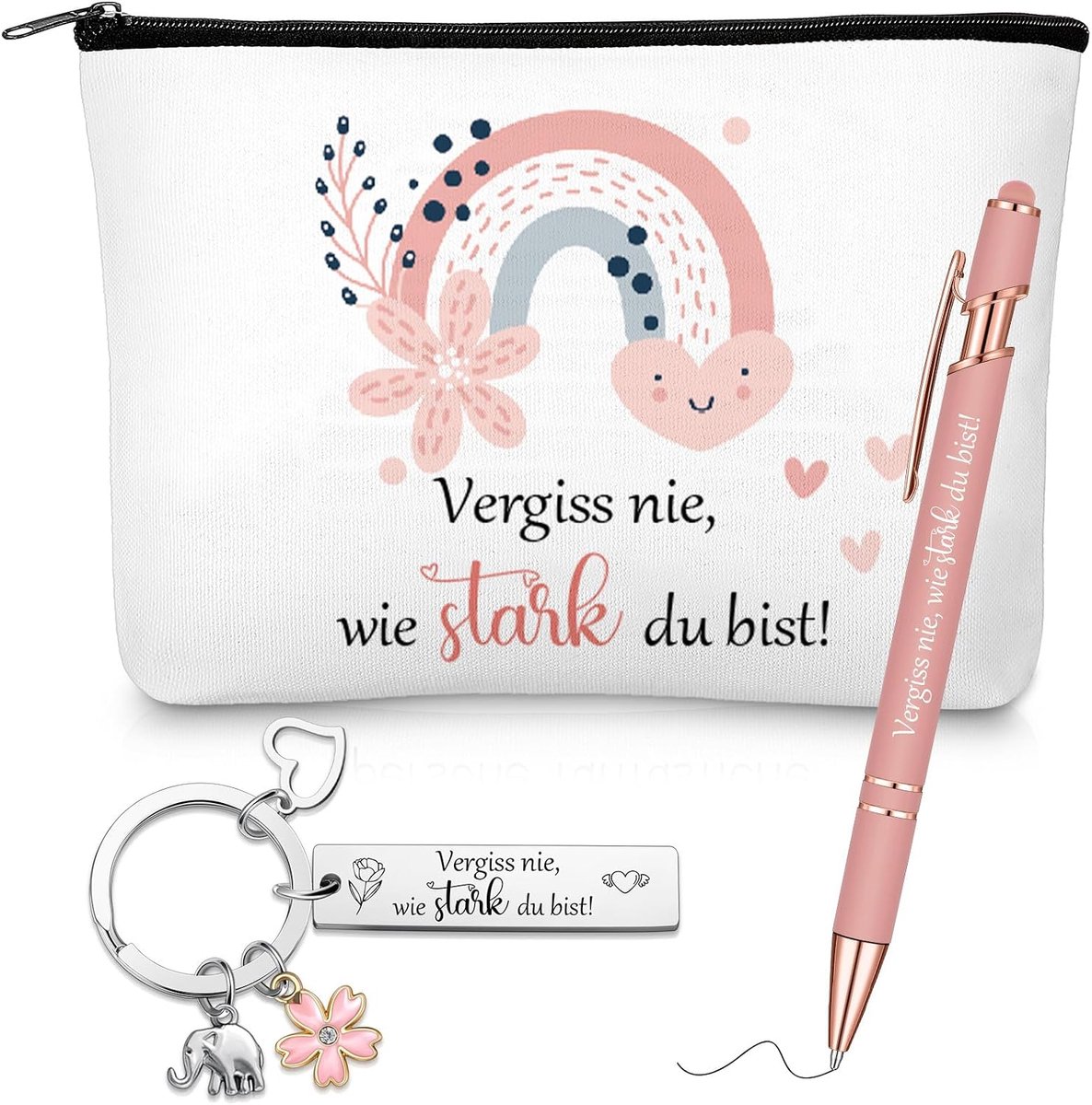 Moed Gift Inclusief Inspirerende Make-up Tas Motiverende Sleutelhanger Balpen voor Vriend Collega's Familie Vrouw Kerstcadeaus, Zoals getoond in de afbeelding, Bloem+Olifant
