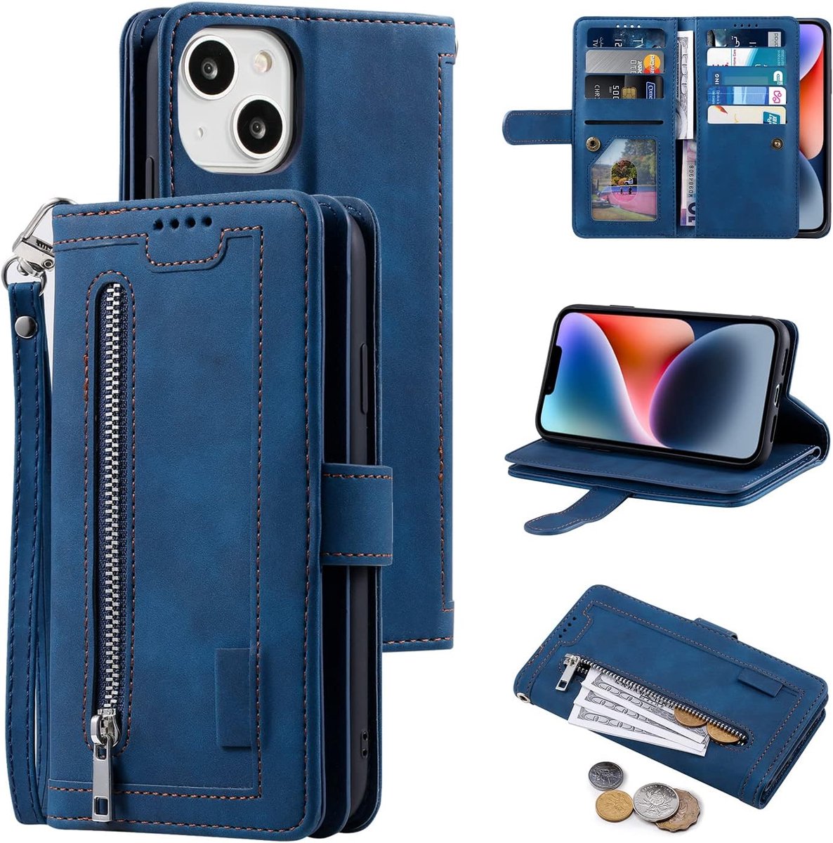 Hoesje voor iPhone 13 Mini, vintage, ritssluiting, mobiele telefoonhoesje, PU-leren telefoonhoesje, siliconen bumper, met 9 kaartvakken, standaardfunctie, portemonnee, draagband, beschermhoesje, fliphoesje, blauw
