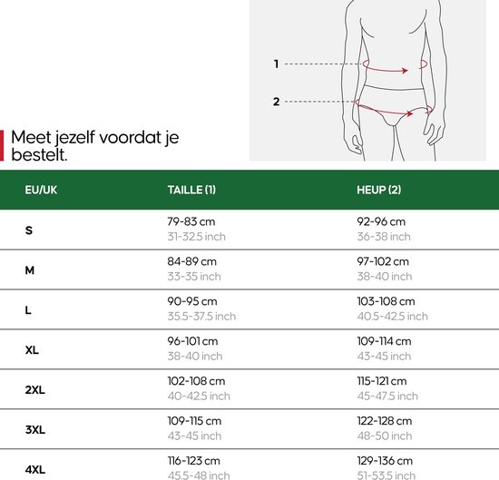 Maattabel voor ondergoed met taille en heupomtrek in cm en inches. Metedisciprine voor de bestelling.