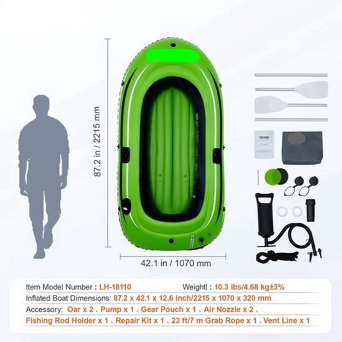 Opblaasboot - Max. 499 kg Laadvermogen - 6 Onafhankelijke Luchtkamers - Met Pomp en Roeisets - 2 zits - 499Kg - Groen