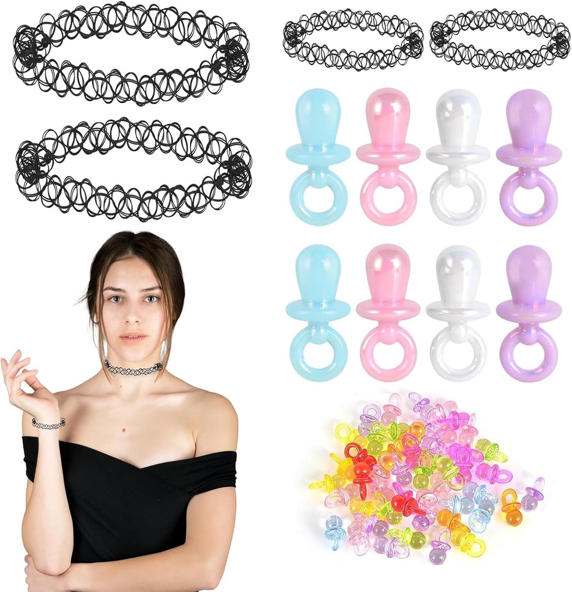 Unieke Tattoo Choker met Parels en Pacific Spool - 90s Accessoires voor Feestjes en Moto Party