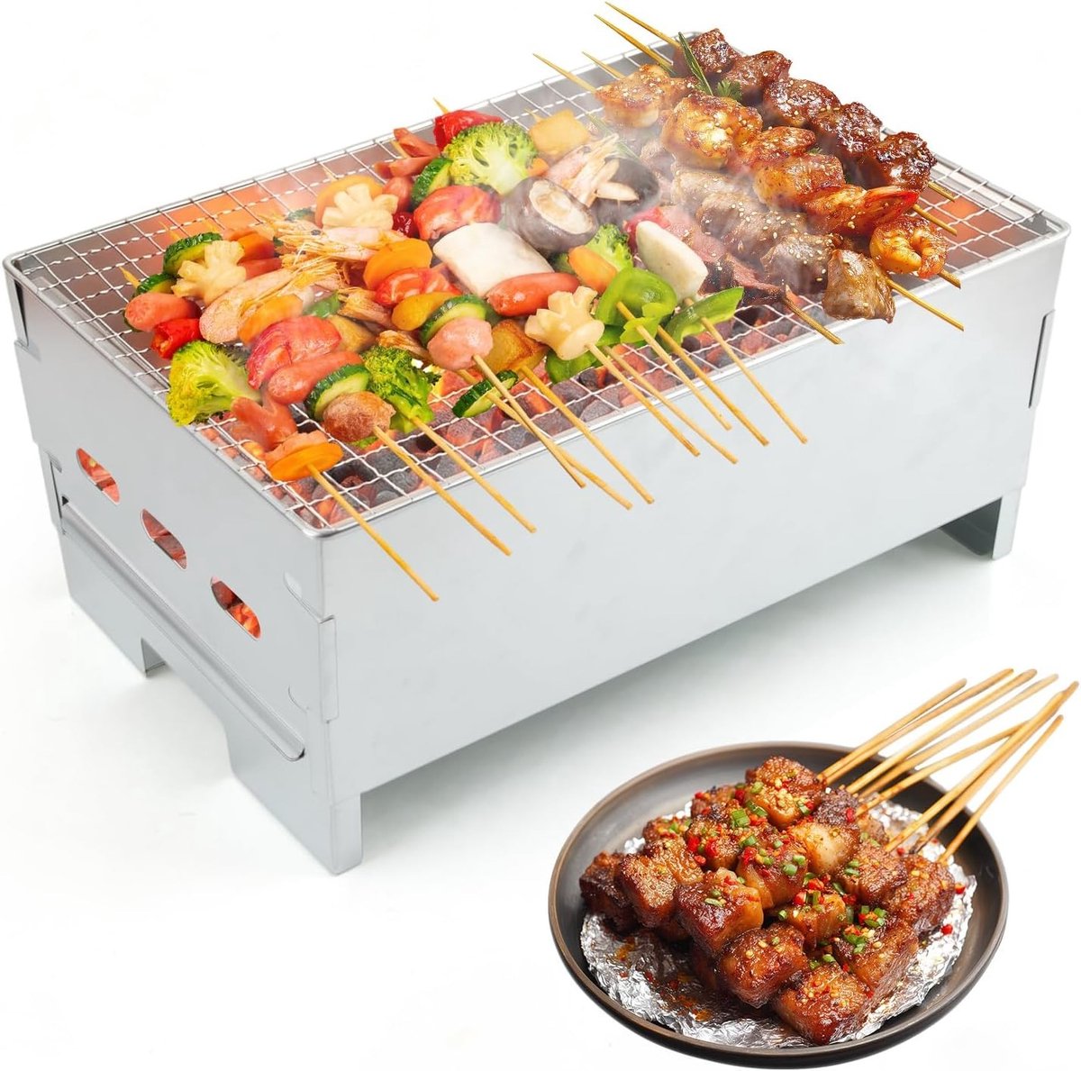 Mini-houtskoolbarbecue - Roestvrij staal - 29 x 20 x 13 cm - Opvouwbare Tafelgrill - Voor Camping en Balkon