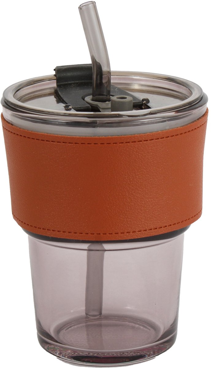 Merkloze Thermische Glazen Mok met Rietje - 400ml - Zwart