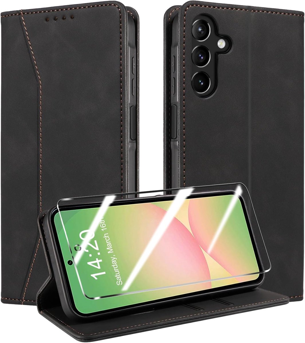 Hoesje voor Samsung Galaxy A56/A36 5G met Pantserglas, Premium Leren Beschermhoes, [RFID-Blokkering], Magnetisch Opvouwbaar Flip Case, Multifunctioneel, Schokbestendig - Zwart