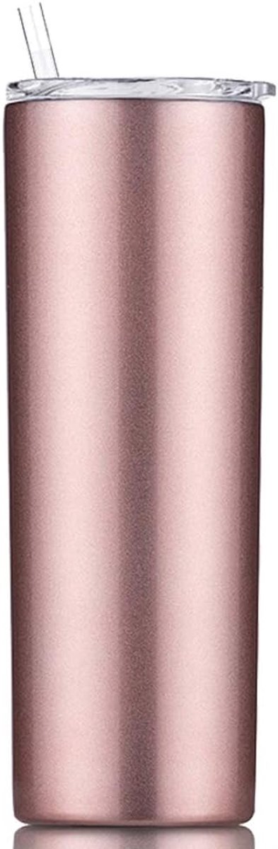 18/8 roestvrijstalen vacuüm slanke magere beker met rietje en deksel, geïsoleerde reismok die drank koud en warm houdt (roségoud, 20 oz)