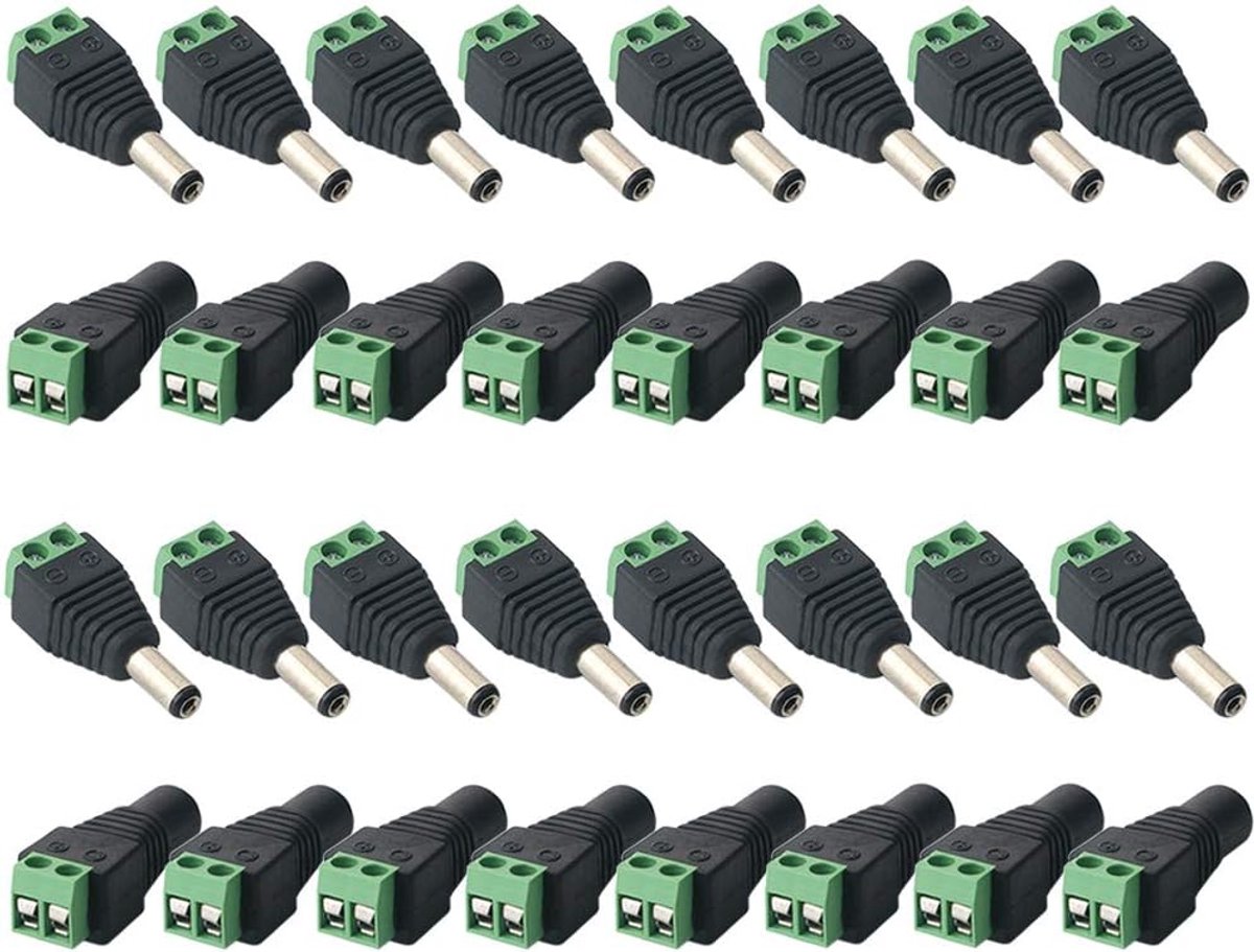 16 paar premium 5,5 x 2,1 mm DC stekkerverbinders, 12 V/24 V DC Power Adapter Terminalblok, 2-polige mannelijke stekker & vrouwelijke socket kit, voor CCTV-camera ledstriplicht