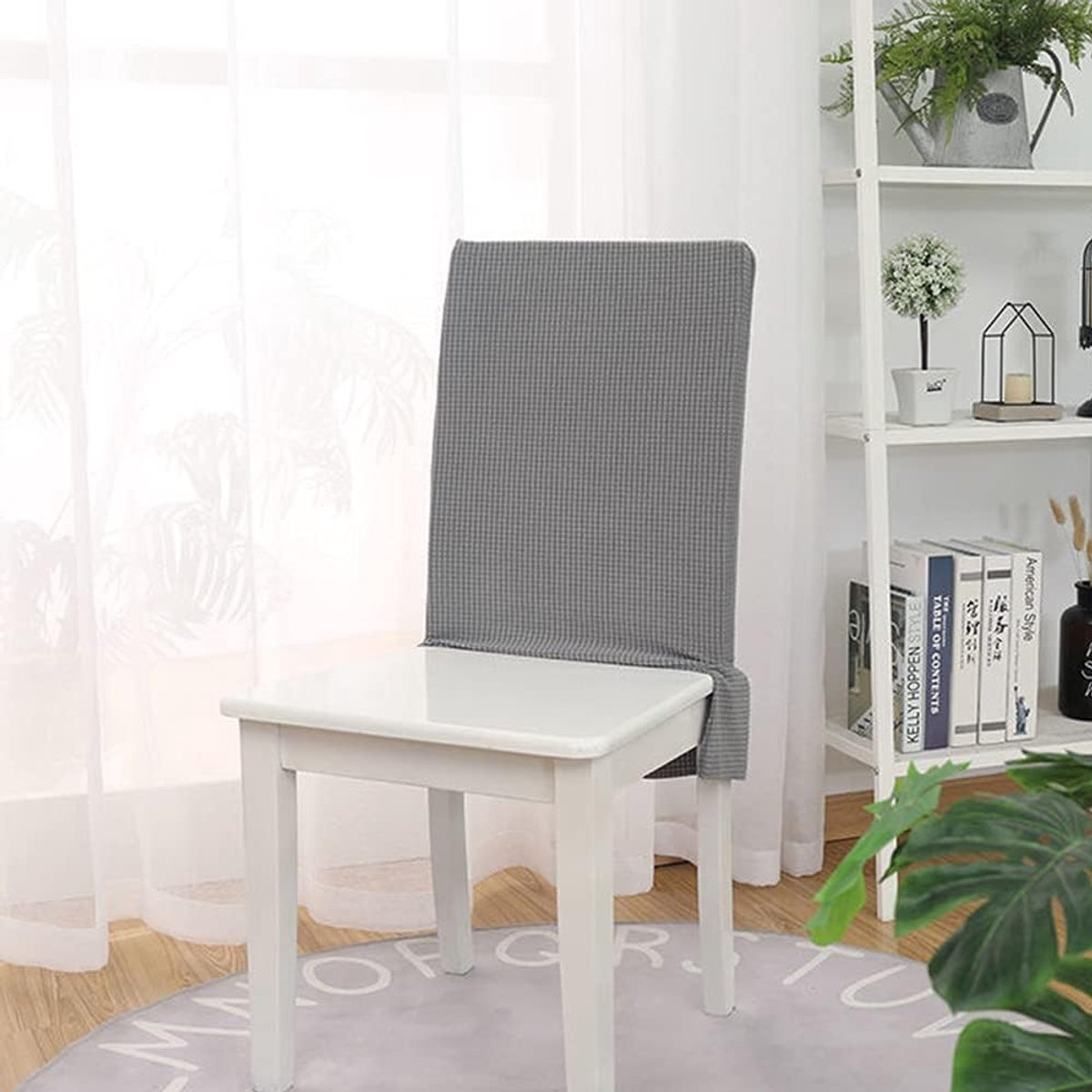 Stoelhoezen, set van 6, stretch stoelrugafdekking met rok, stretch, afneembaar, wasbaar, universele stoelhoezen met rugleuning voor eetkamer, hotel (lichtgrijs)
