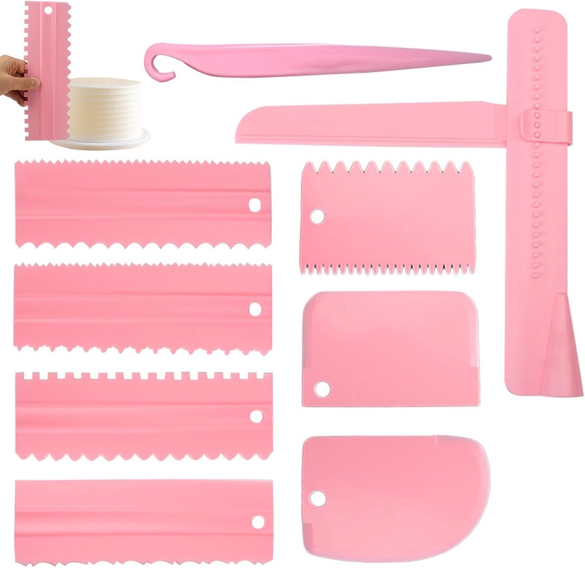 9 stuks, taartschraperset, doe-het-zelf taartspatel, gladmaker, fondant, taartgladder, verstelbare taartschraper voor botercrème, bakgereedschap (roze)