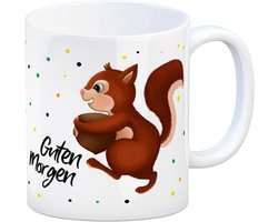 Trendaffe Koffiemok met eekhoornmotief en spreuk: Guten Morgen
