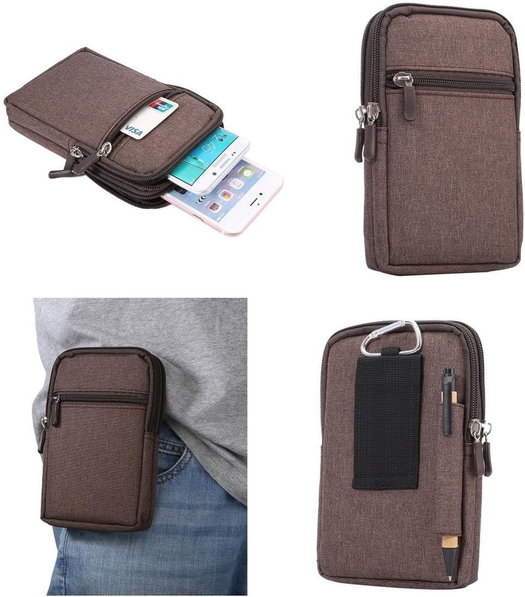 Multifunctionele Verticale Strepen Pouch Bag Case Ritssluiting Karabijnhaak voor HTC U ULTRA DUAL - Bruin (17 x 10,5 cm)