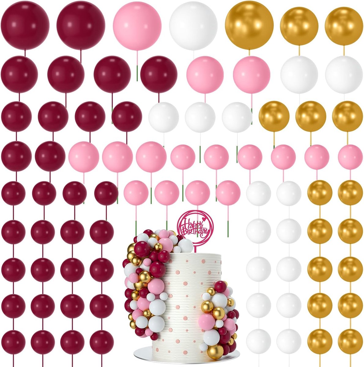 80 stuks ballen taarttopper decoraties schuim bal taart decoratie voor verjaardagsfeestjes bruiloften babyshower (Rosa roze wit serie)