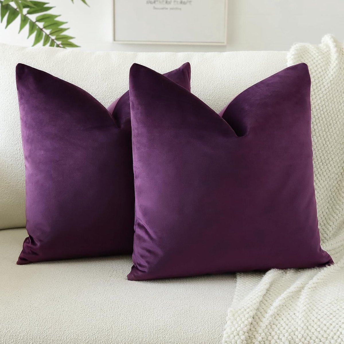 Set van 2 fluwelen zachte effen kussenhoezen 45x45 cm decoratieve kussenhoezen vierkante kussensloop woondecoratie kussenslopen voor bank bank woonkamer slaapkamer 45x45 inch (aubergine paars)