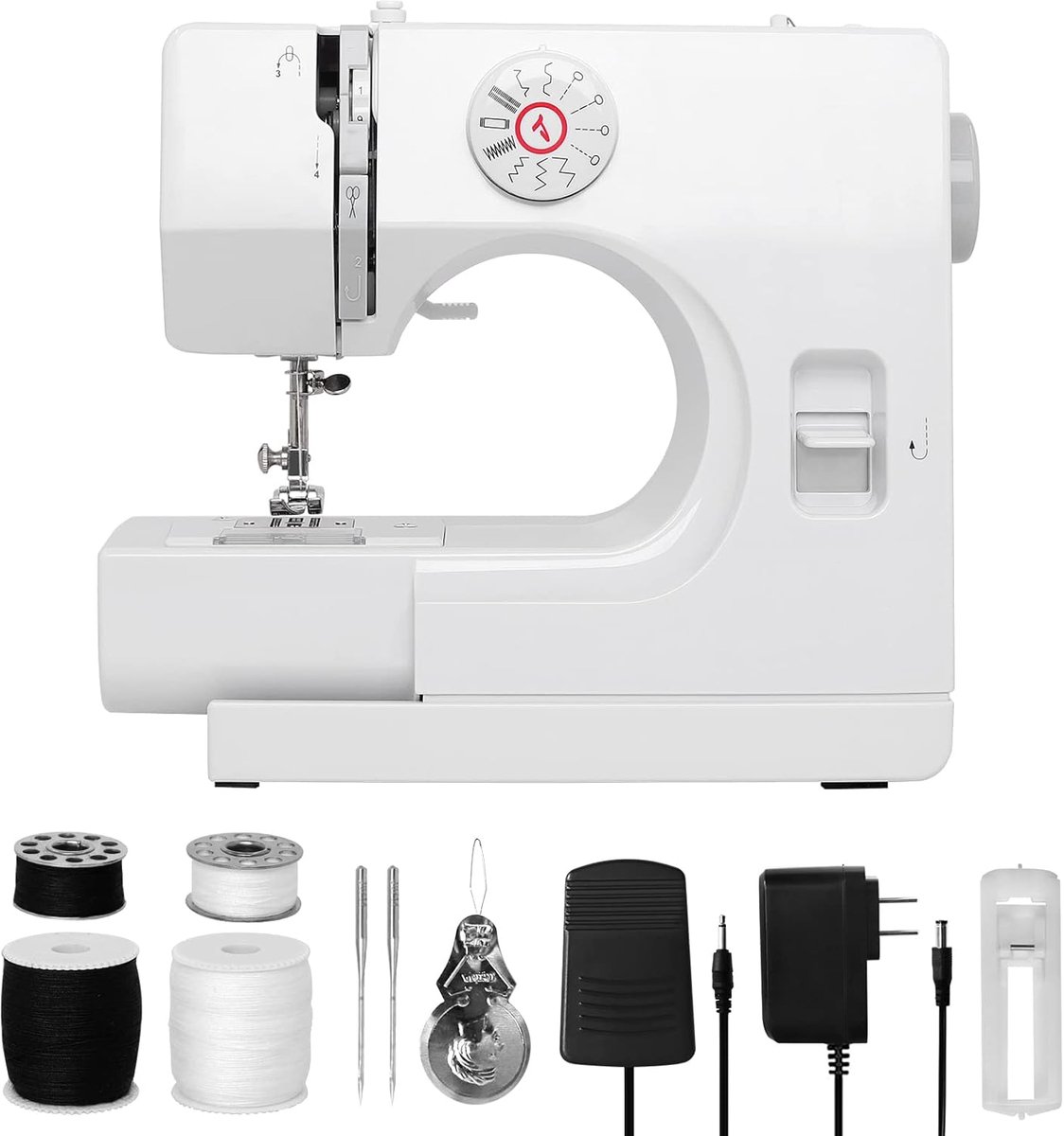 Verbeterde multifunctionele naaimachine met 12 stiksels, dubbele draad, 2 snelheden, achteruit, mini-draagbaar voor beginners