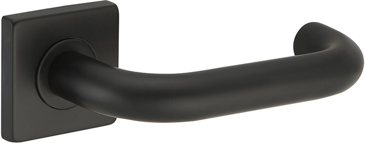Deurkruk (2x) Leonardo rond model u 20mm haaks op vierkant rozet mat zwart PVD gecoat | Zwarte raamsluitingen | Zwarte raamsluitingen | Zwarte |
