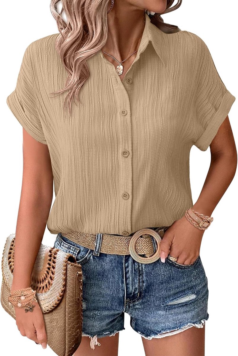Blouse korte mouwen dames button down hemdblouse elegant V-hals hemd lichte blouses zomer