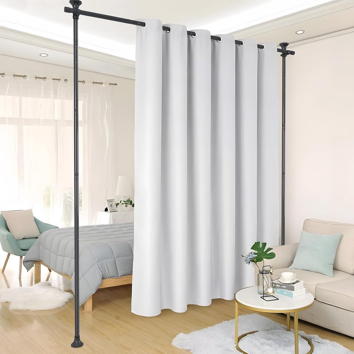 Paraventframe, gordijnroede, 178 cm x 317 cm, flexibel, verstelbaar, kamerscherm zonder gordijn, zonder boren, ruimteverdeler, inkijkbescherming voor woonkamer, slaapkamer of