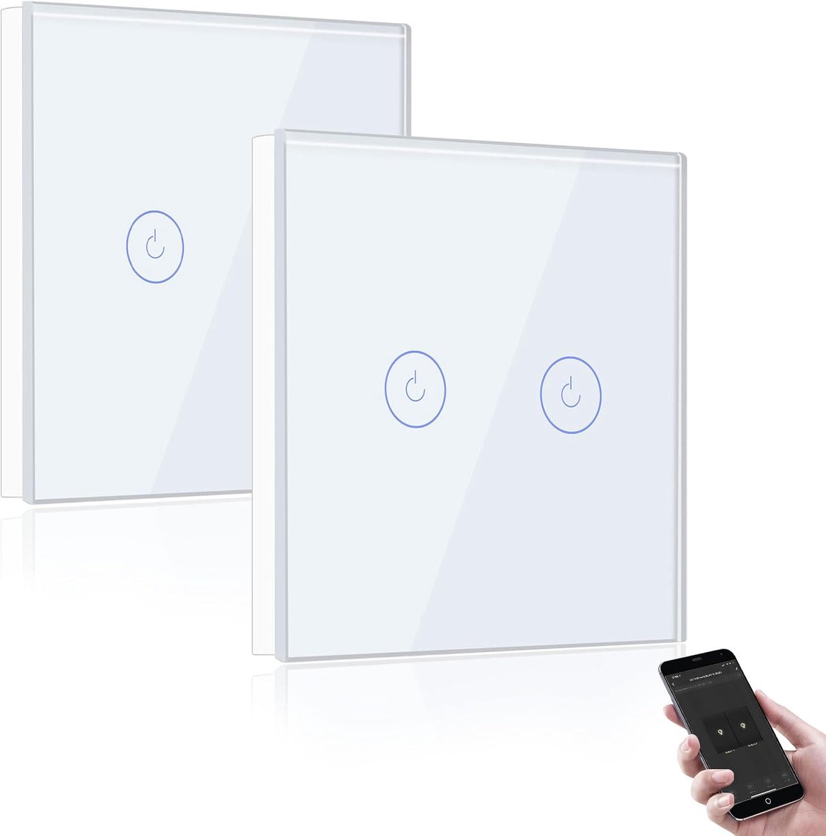 Slimme Lichtschakelaar Wit,2 Voudig 2 Weg WiFi Touch Wandschakelaar compatibel met Amazon Alexa en Google Home,APP-afstandsbediening,Timerfunctie(vereist neutrale Draad)-2pak
