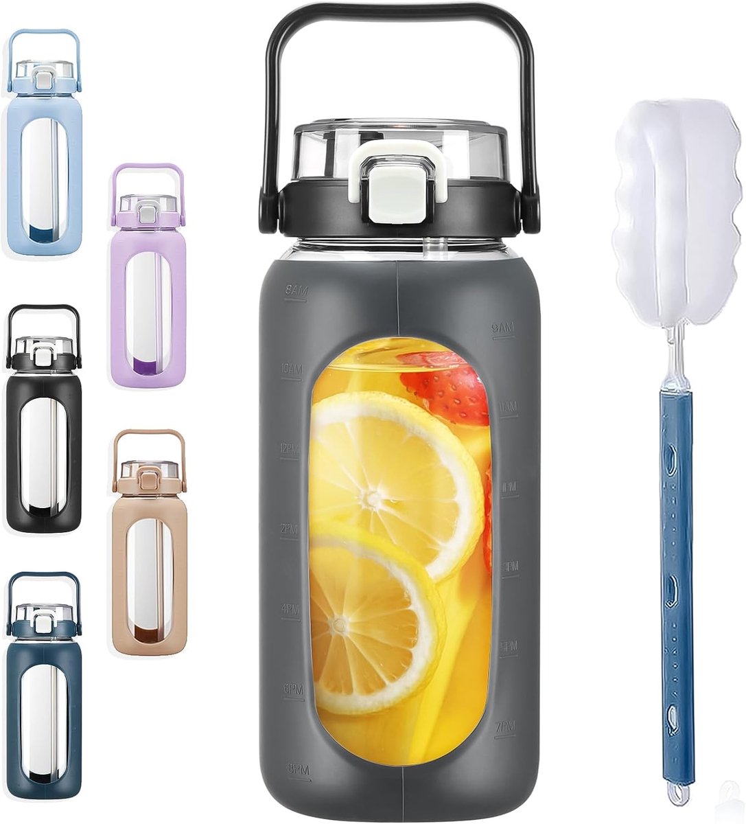 Waterflessen met rietje tijdmarkering, halve gallon grote motiverende waterfles met siliconen hoes 2 liter grote glazen waterfles voor sportschool, sport en training, dagelijks
