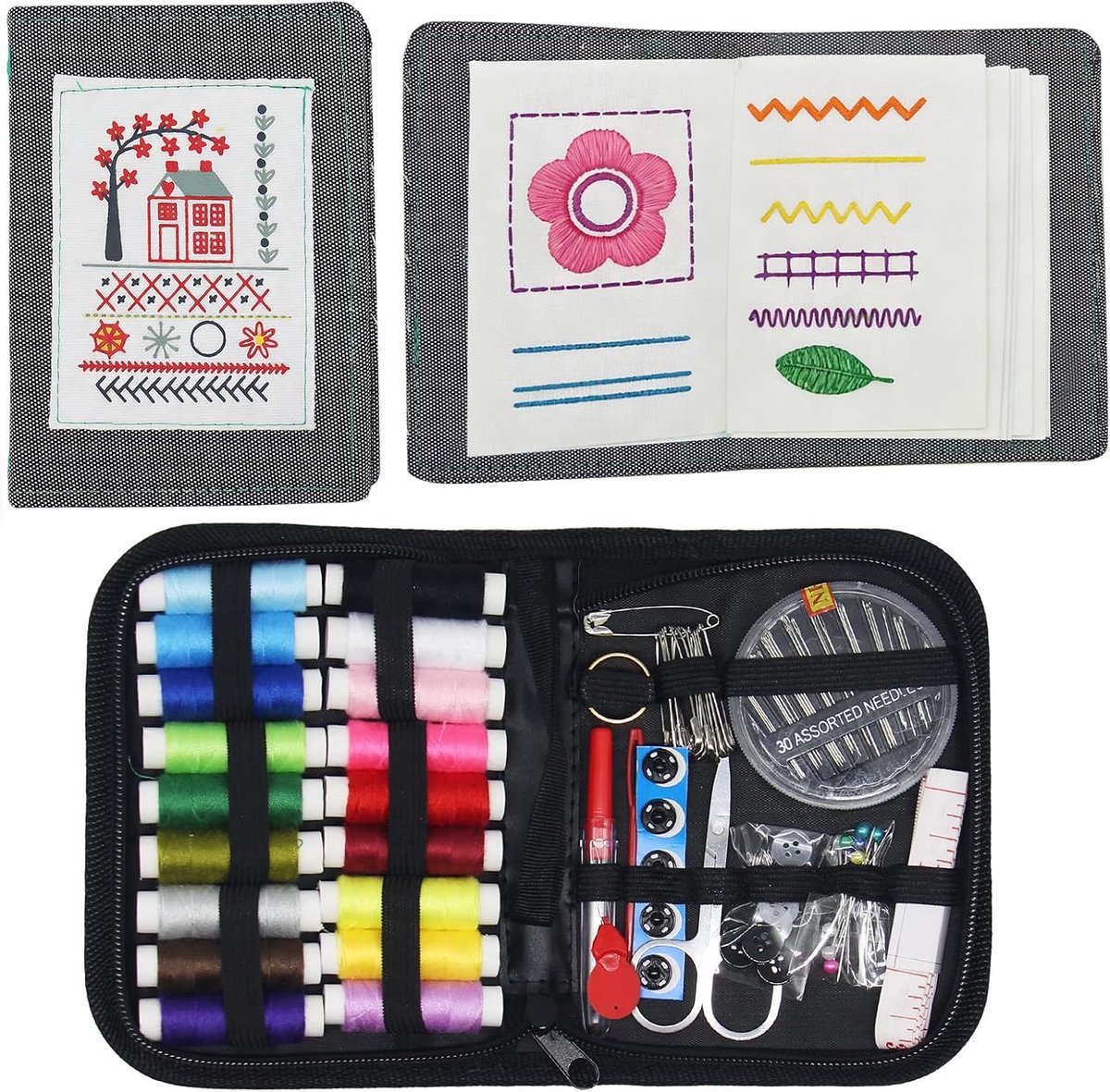 Borduurboek, complete set voor volwassenen en beginners, 143 steken, oefenhandleiding met praktische naai-gids, doe-het-zelf creatieve set voor handwerk, hobby en ontspannende woondecoratie