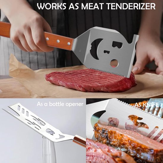 Grillspatel met vlammendesign, 42 cm roestvrijstalen spatel, houten handvat, multifunctionele grillspatel met flesopener — afbeelding 3