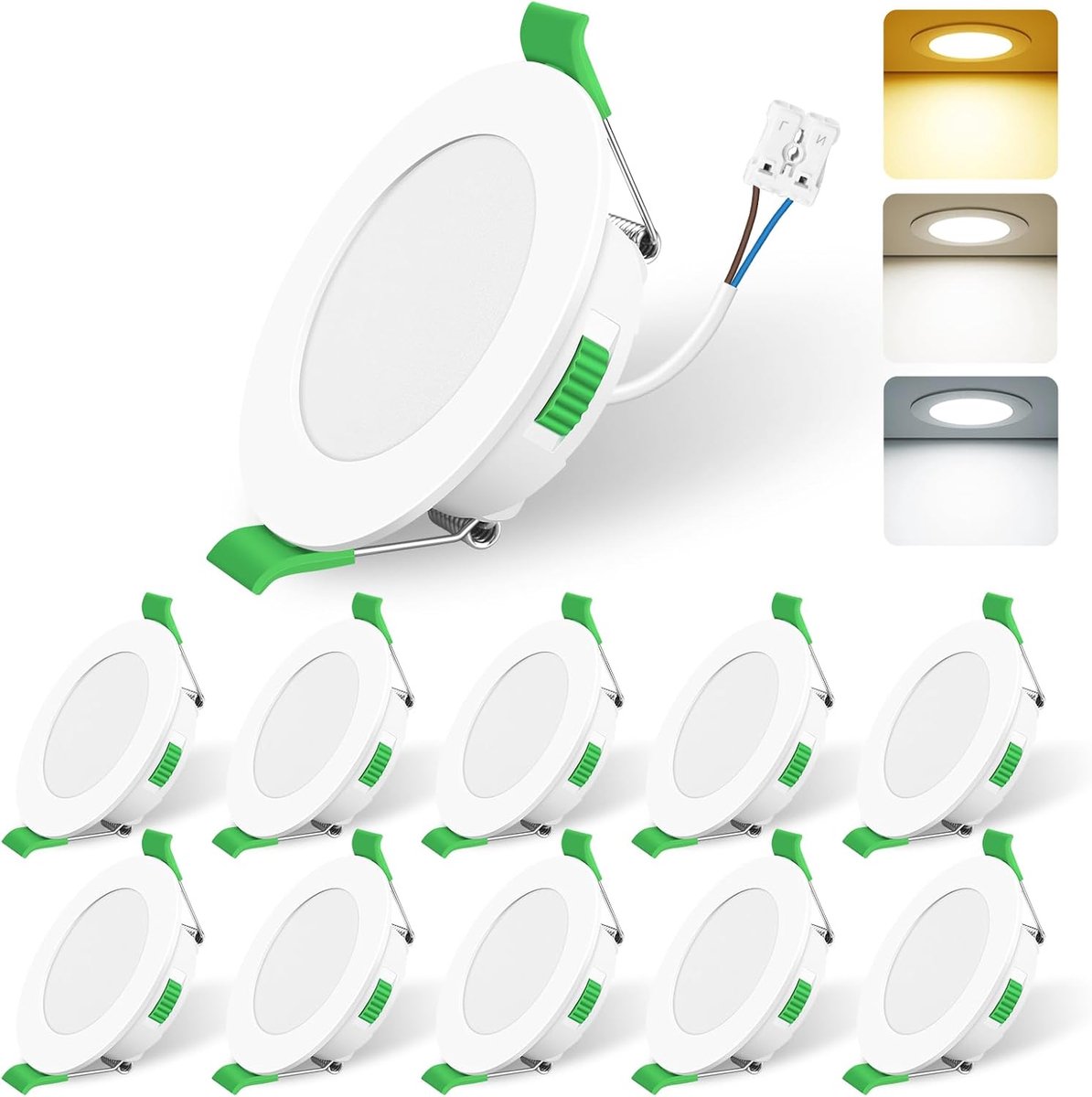 10 stuks LED inbouwspots dimbaar, Ø68-78mm 3CCT IP44 plafondspots | AC 220-240V, dimbaar 10-100%, 3000K/4000K/6500K led-spots voor badkamer en keuken, wit