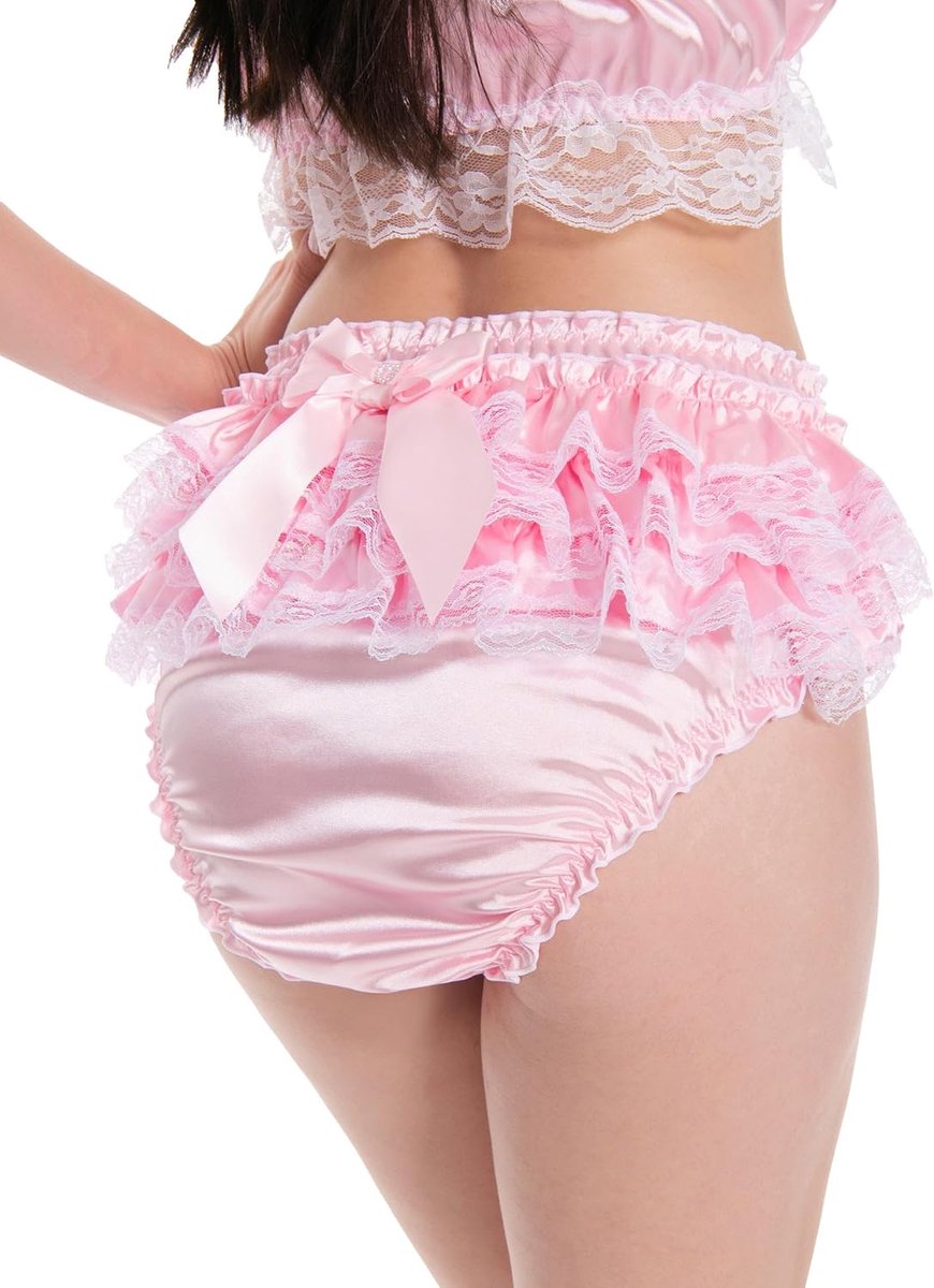 Sissy Satijnen Slip Kanten Ruches Achterkant | Strik met Roosknopje, Geschulpte Rand, Volledige Bedekking, Luierbroekje voor Volwassenen, Maten S-XXL