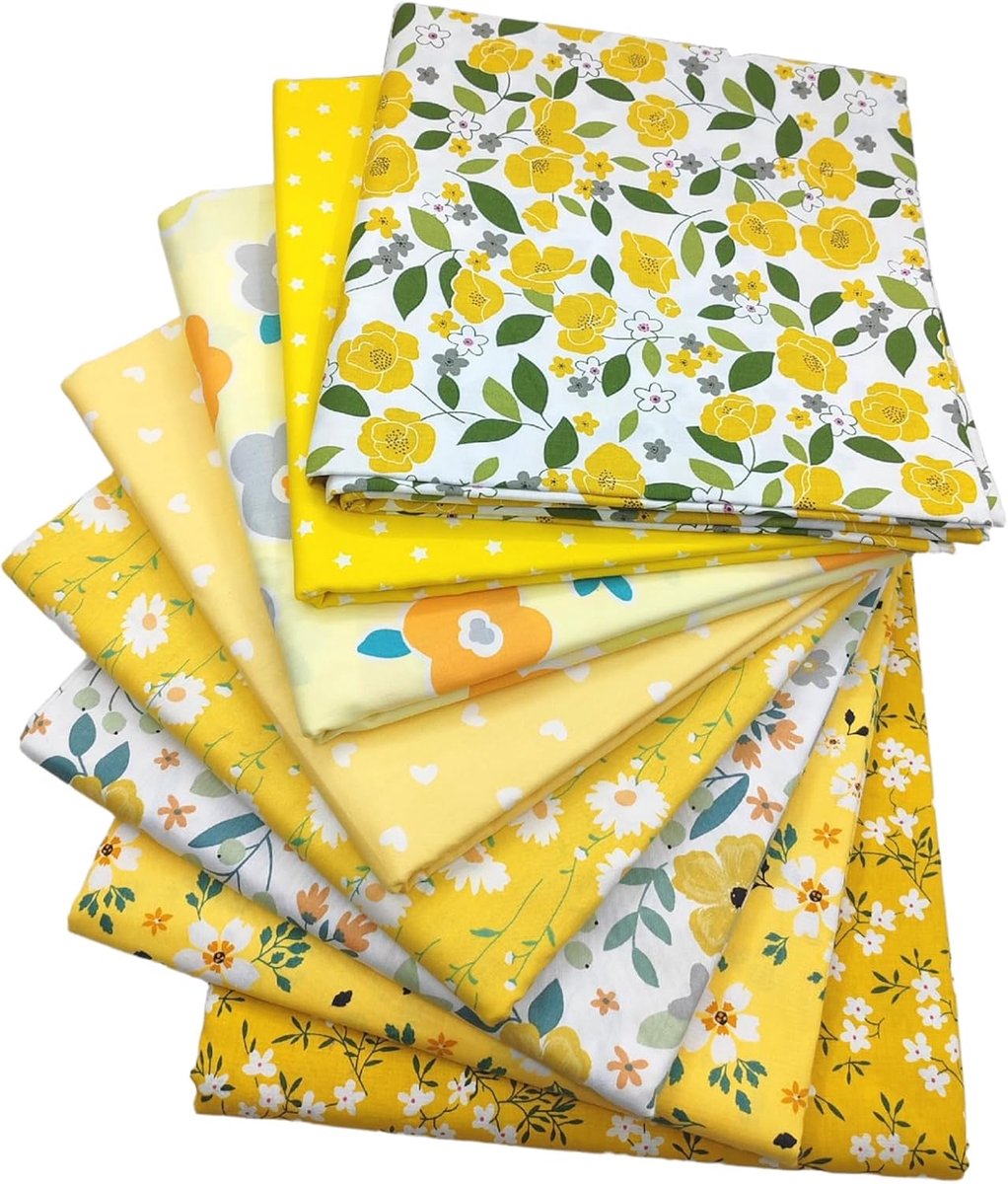 Stof, 8 stuks, 50 x 50 cm, patchworkstofpakket, meerkleurig, katoenen stof voor naaien, scrapbooking en doe-het-zelf handwerk (geel)