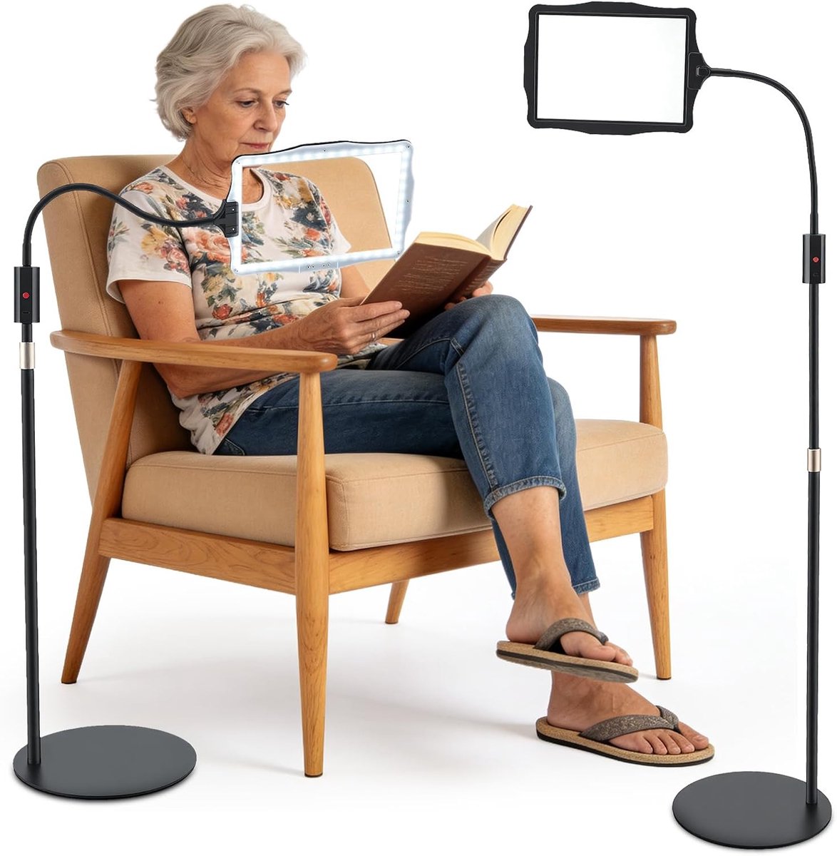5 x oplaadbare loep met licht en standaard, 3-in-1 loeplamp met 48 instelbare leds, intrekbare zwanenhals, loeplamp, voor naaien, handwerk, doe-het-zelf, schilderen, leesloep met licht voor senioren