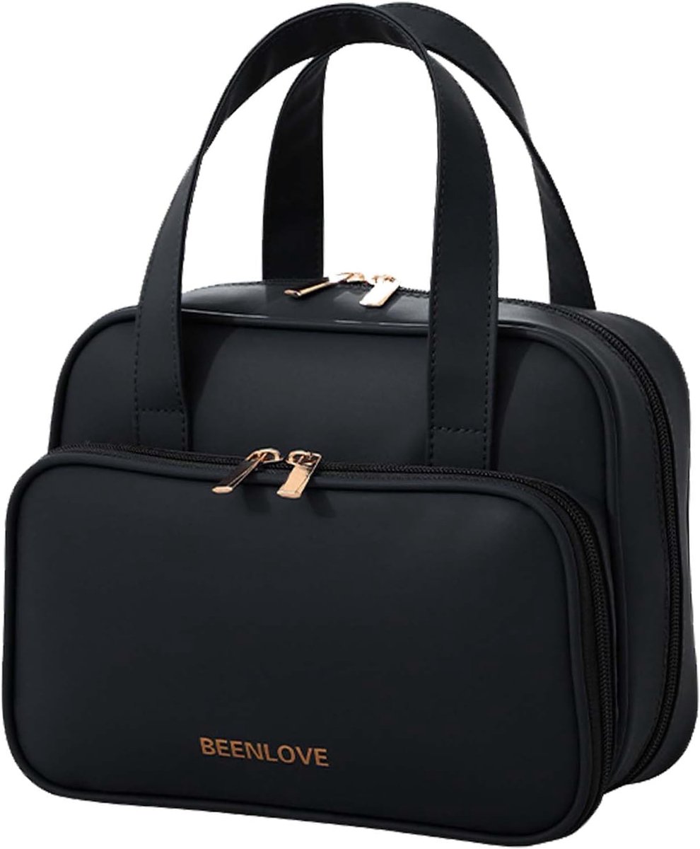 SnelShoppen - Grote Toilettas Dames Make-up Tas met Handvat Draagbare Multi-Vak Cosmetica Tas Zacht PU Leer, Zwart, Mode