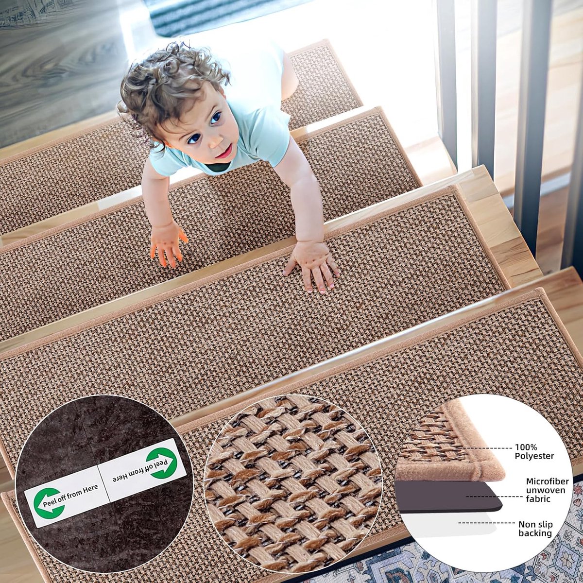 SnelShoppen - 15 Stuks Zelfklevende Trapmatten 65x20cm, Antislip en Wasbaar, Geschikt voor Keuken, Badkamer, Kinderen en Huisdieren, Zacht Linnen Stij
