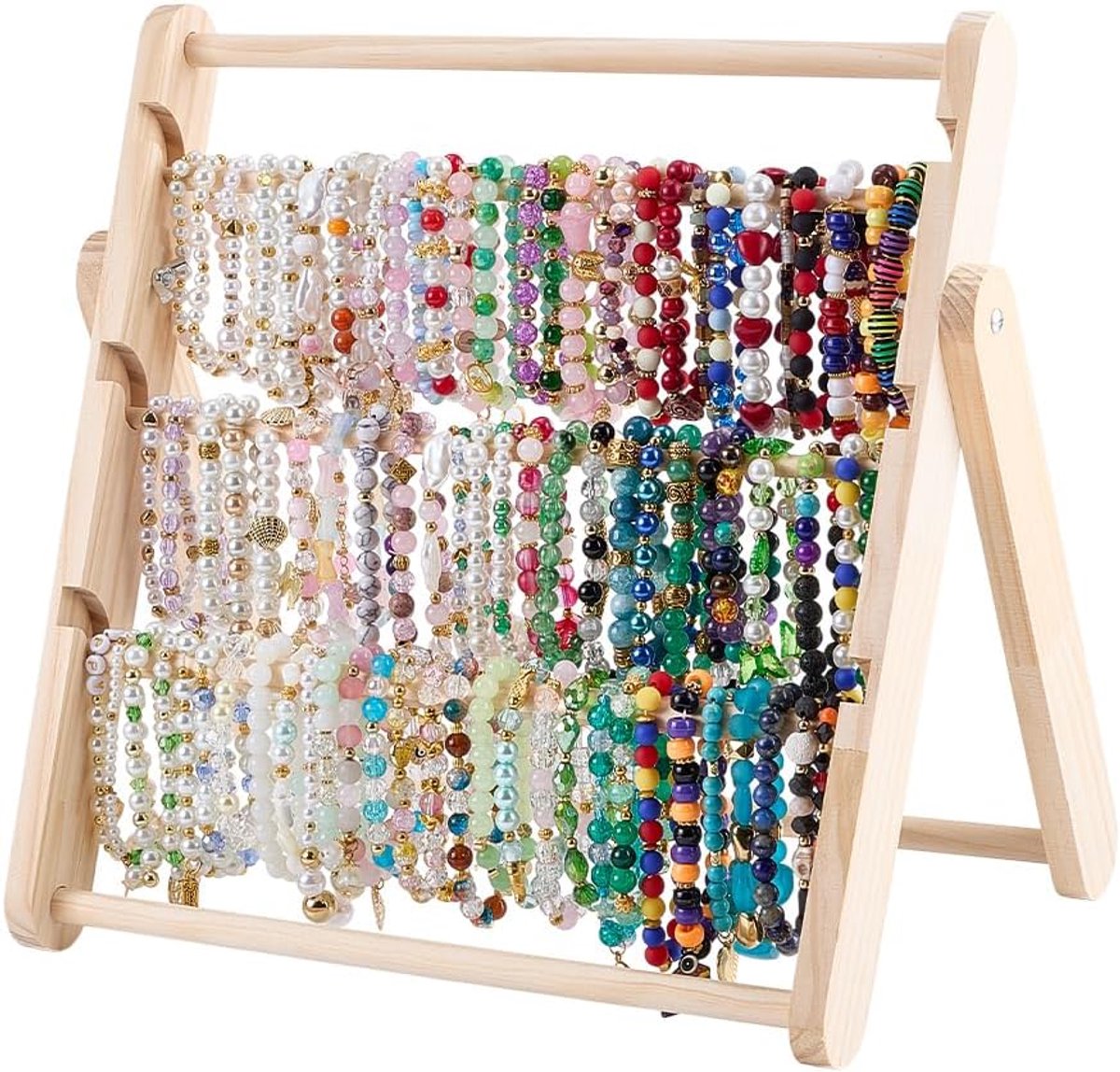 SnelShoppen - 4-laags verstelbare houten sieradenstandaard voor armbanden en kettingen 30x22x33cm Blanched Almond natuurlijke sieradenhouder voor huis