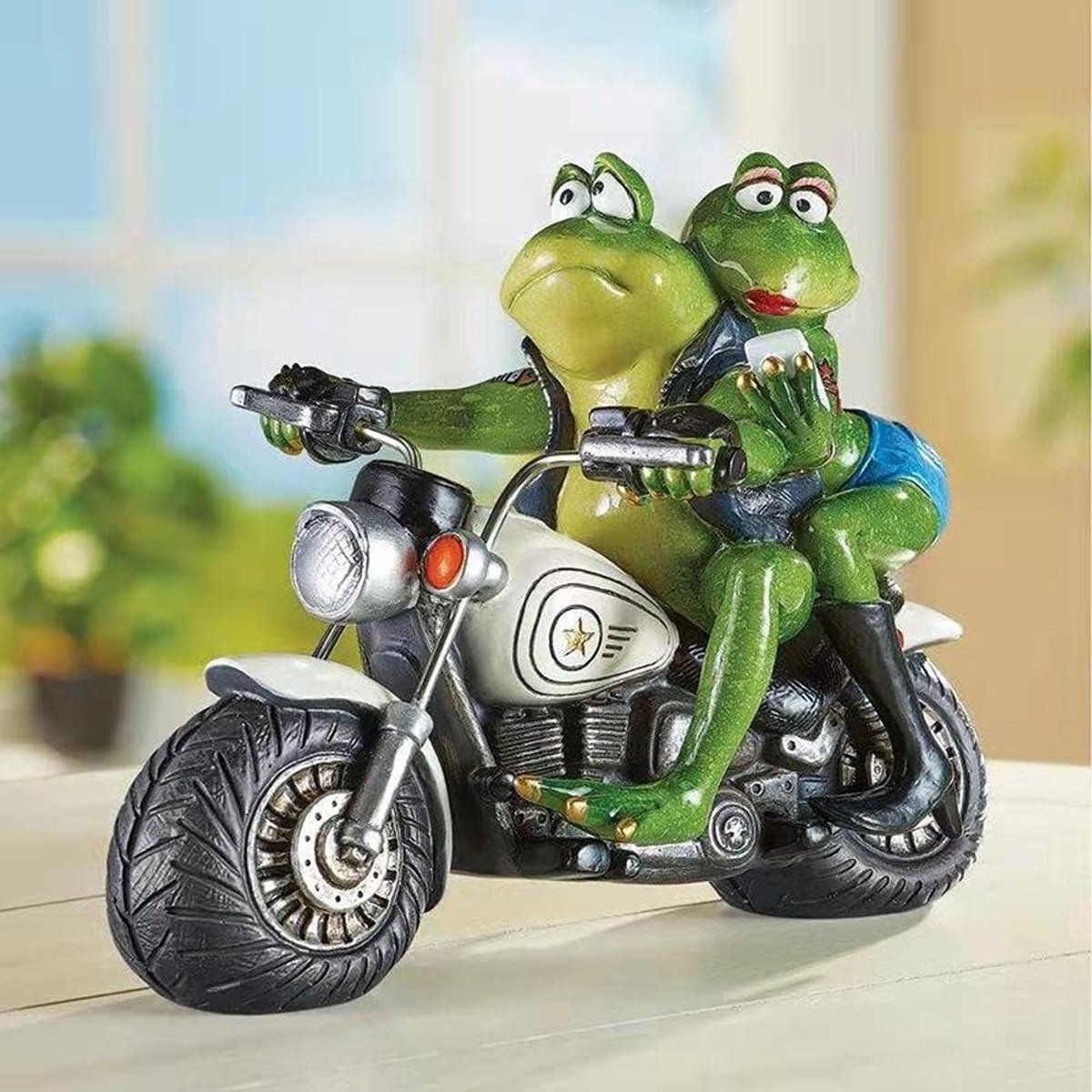 SnelShoppen - Grappige Motorfiets Kikker Standbeeld Tuin Decoratie Kikker Beeldjes Buiten Patio Versieringen (Groente)